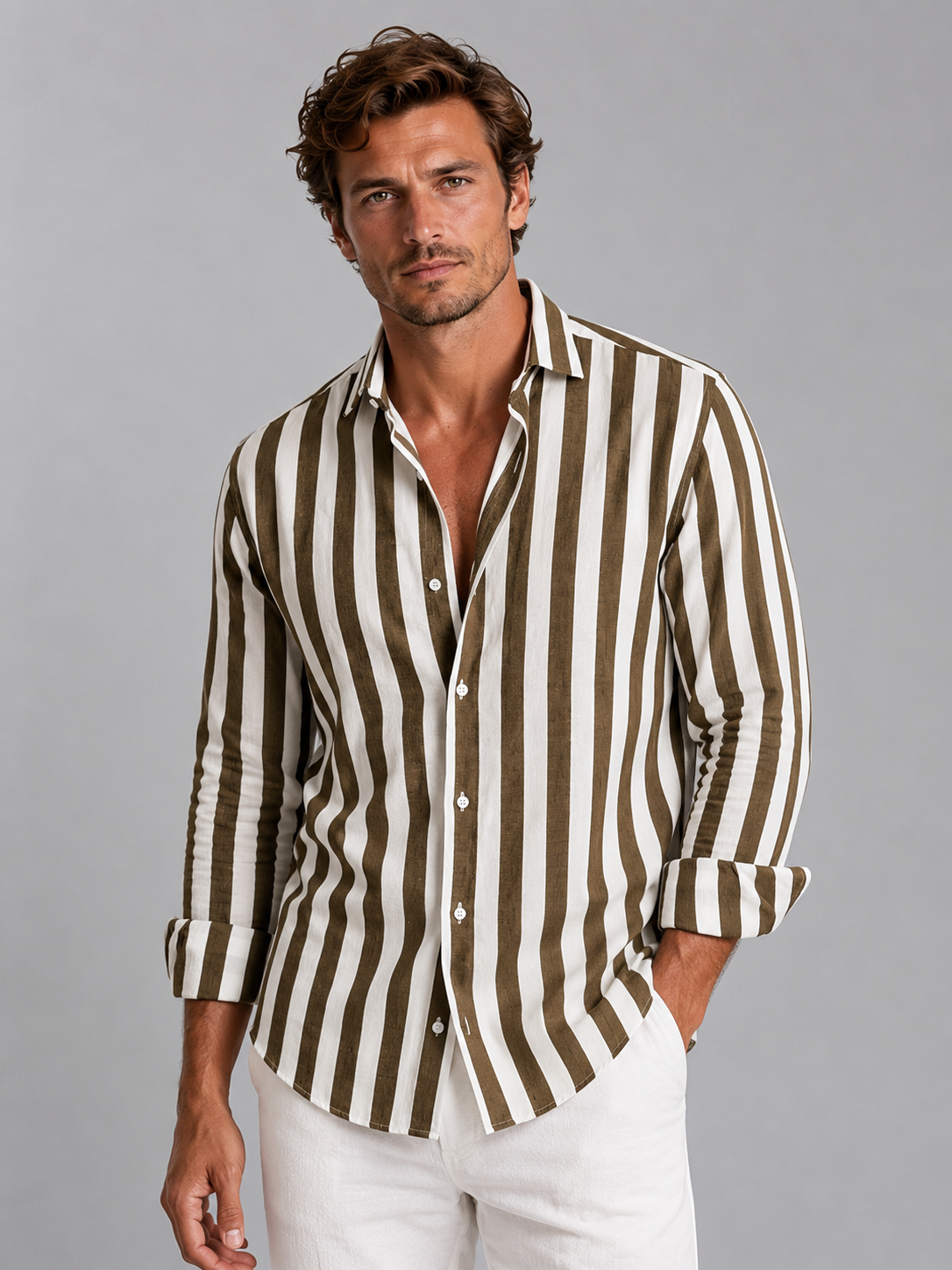 Men’s Striped Linen Look Shirt Relaxed Summer Button-Up Style in Blue – product image 5
