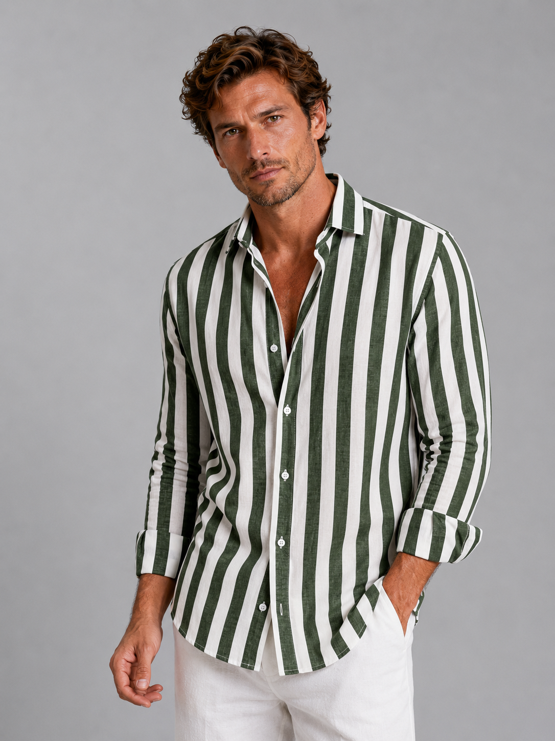 Men’s Striped Linen Look Shirt Relaxed Summer Button-Up Style in Light Blue – product image 6