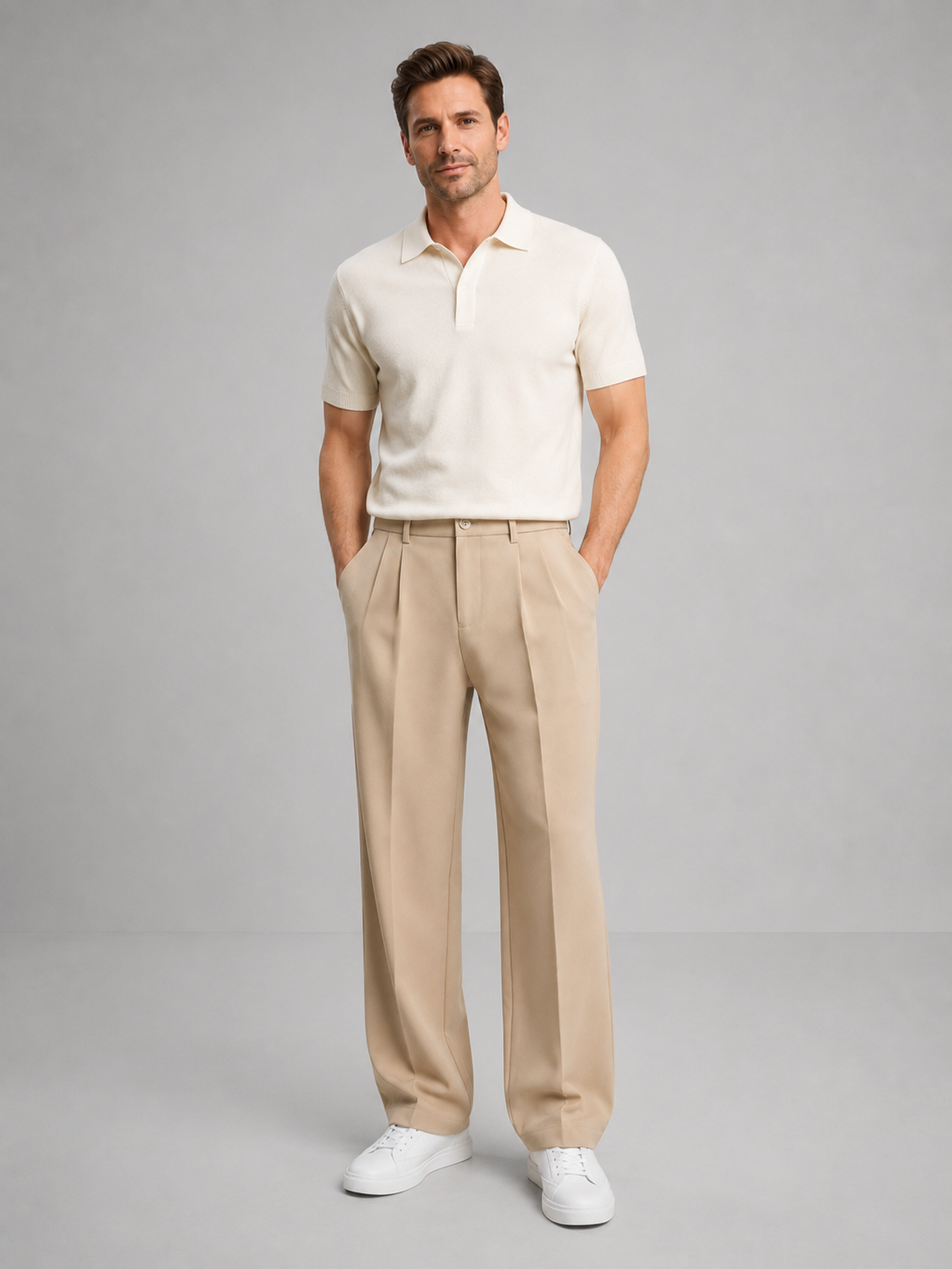 Men's Tailored Trousers Straight Leg Smart Casual Pants – Beige L – product image 3