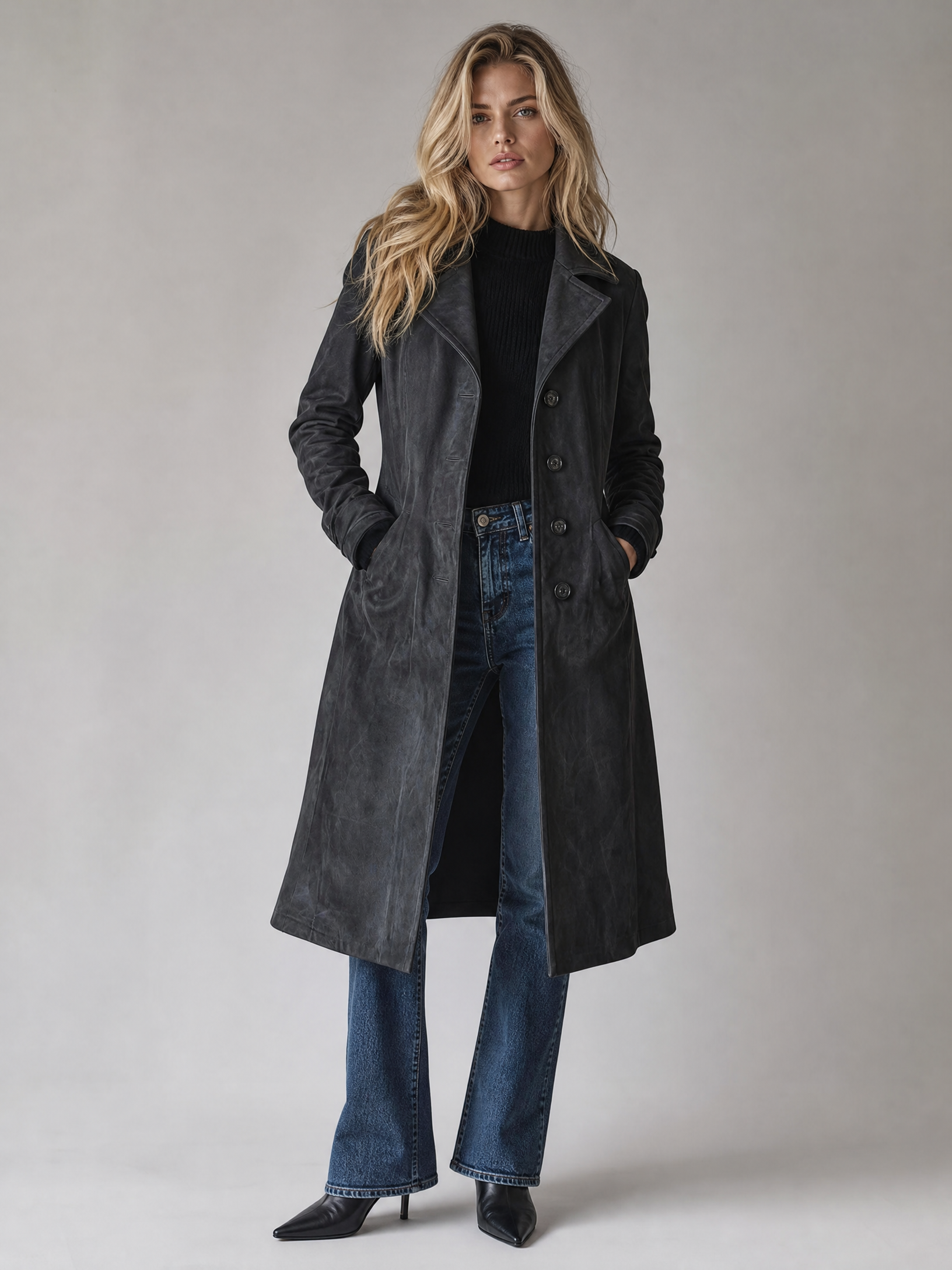 Women's Double-Breasted Longline Trench Coat in Dark Gray