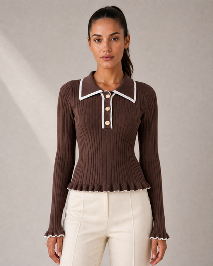 Women's Ribbed Polo Knit Top with Gold-Tone Buttons in Brown