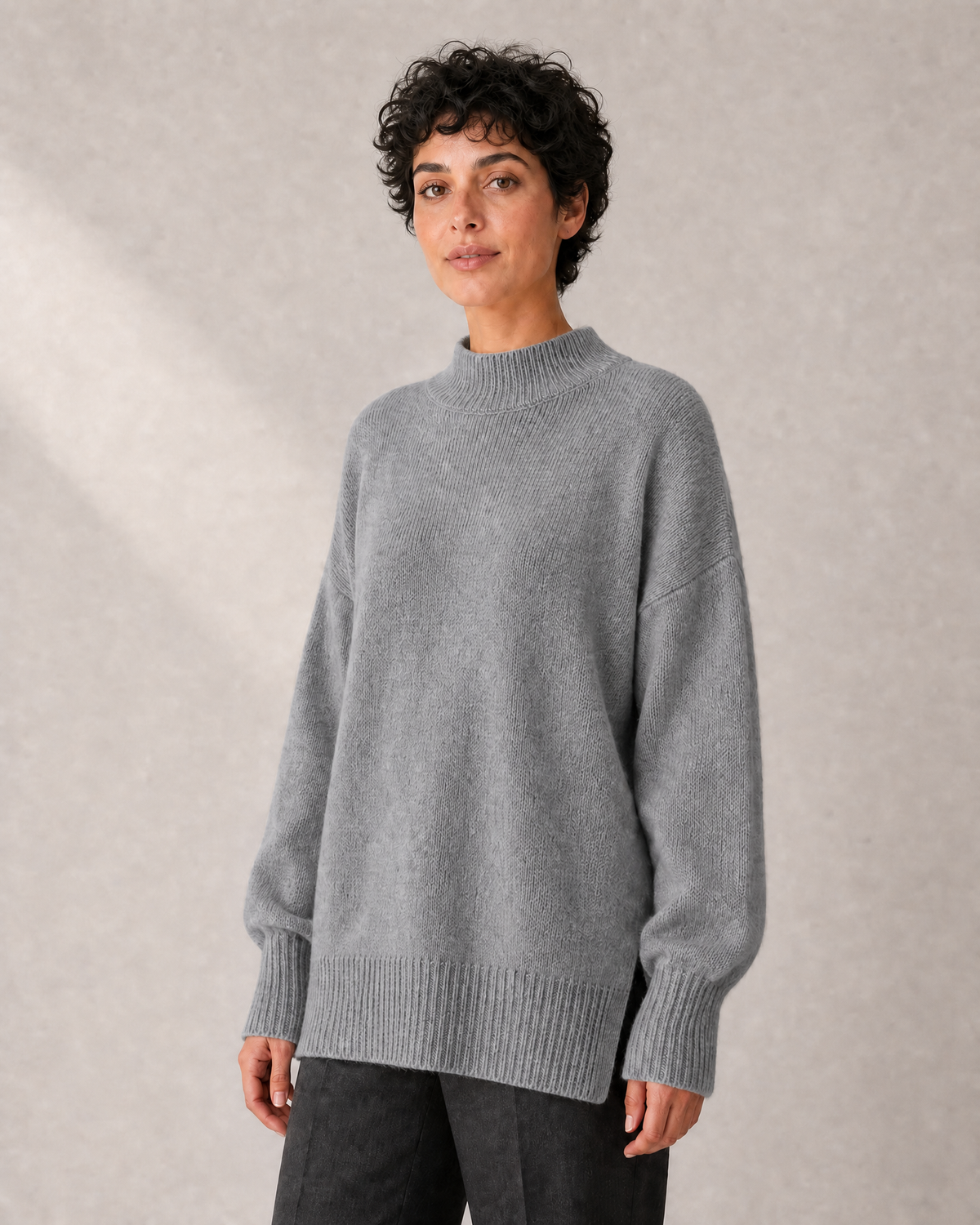 Women's Longline High-Neck Oversized Knit Sweater in Gray