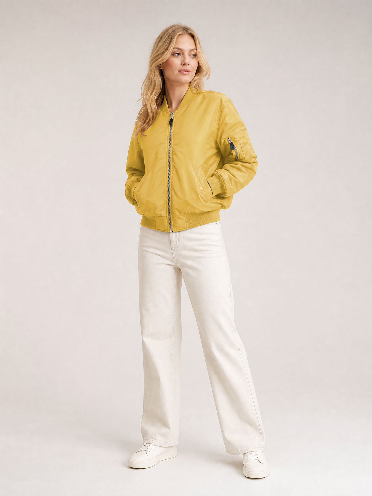 Women's Zip-Front Ribbed Bomber Jacket in Yellow