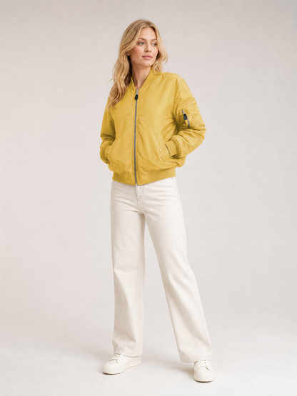 Women's Zip-Front Ribbed Bomber Jacket in Yellow