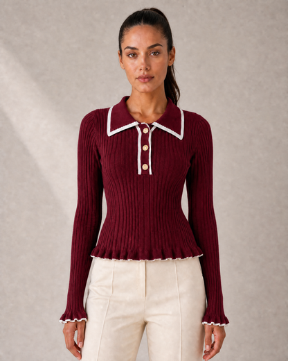 Women's Ribbed Polo Knit Top with Gold-Tone Buttons in Burgundy