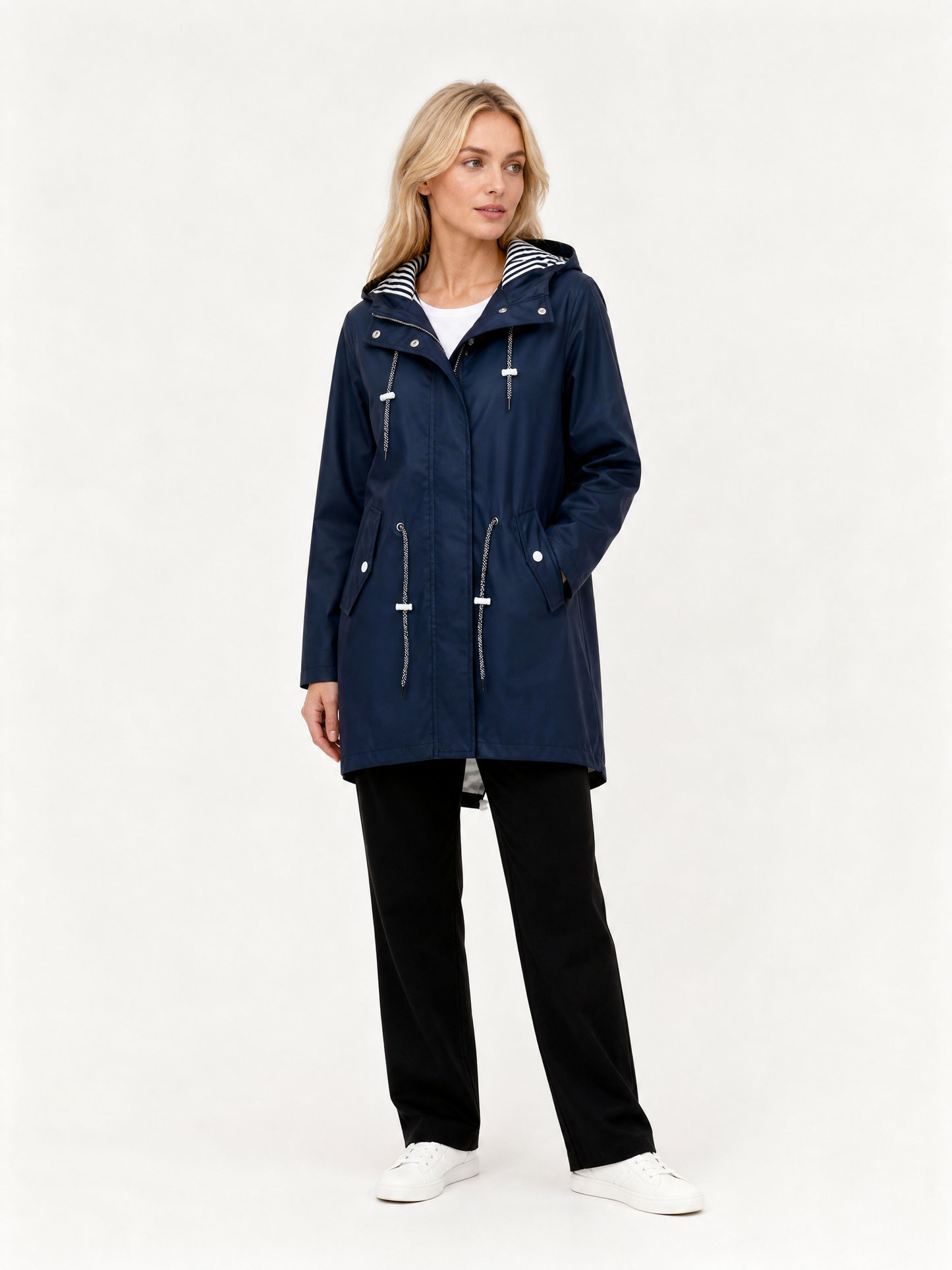Women's Loose-Fit Hooded Fishtail Rain Coat in Navy Blue
