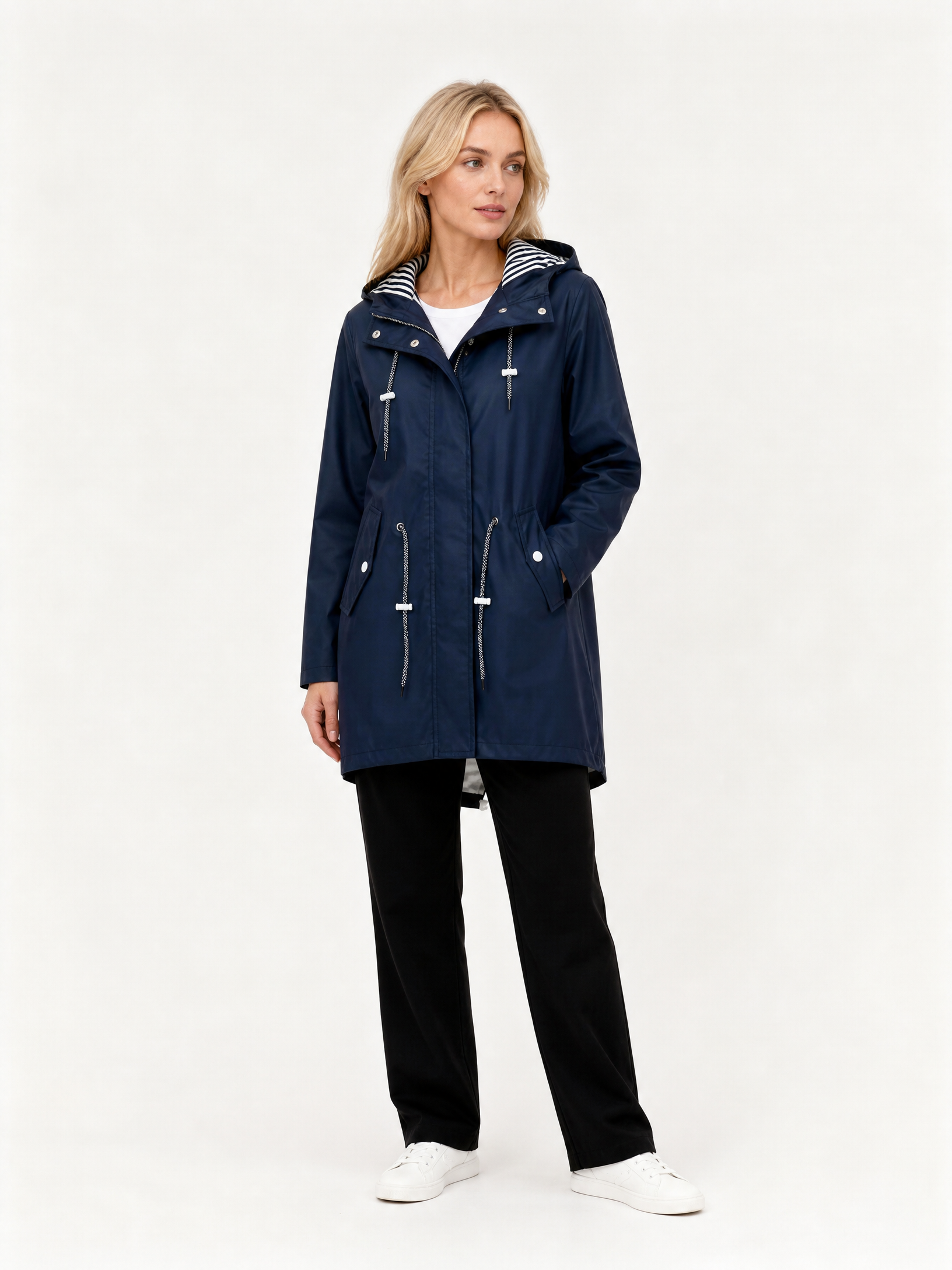 Women's Loose-Fit Hooded Fishtail Rain Coat in Navy Blue