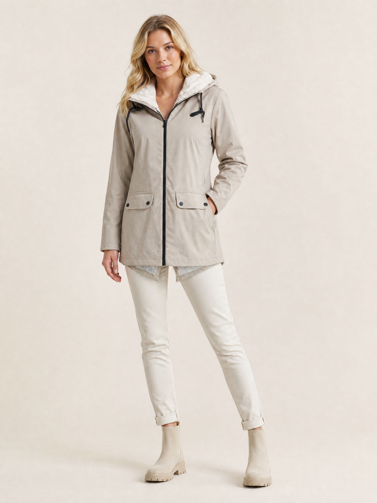 Women's Waterproof Windproof Hooded Rain Jacket in Beige