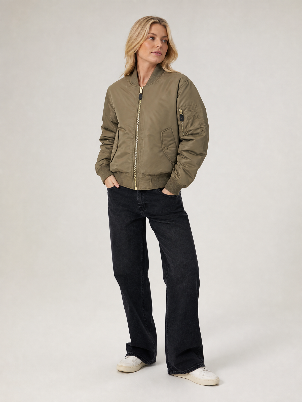 Women's Zip-Front Ribbed Bomber Jacket in Khaki