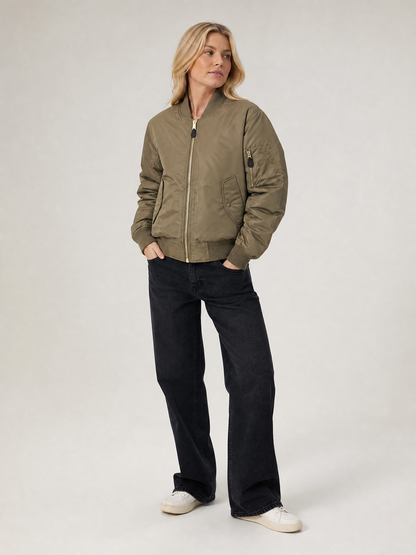 Women's Zip-Front Ribbed Bomber Jacket in Khaki