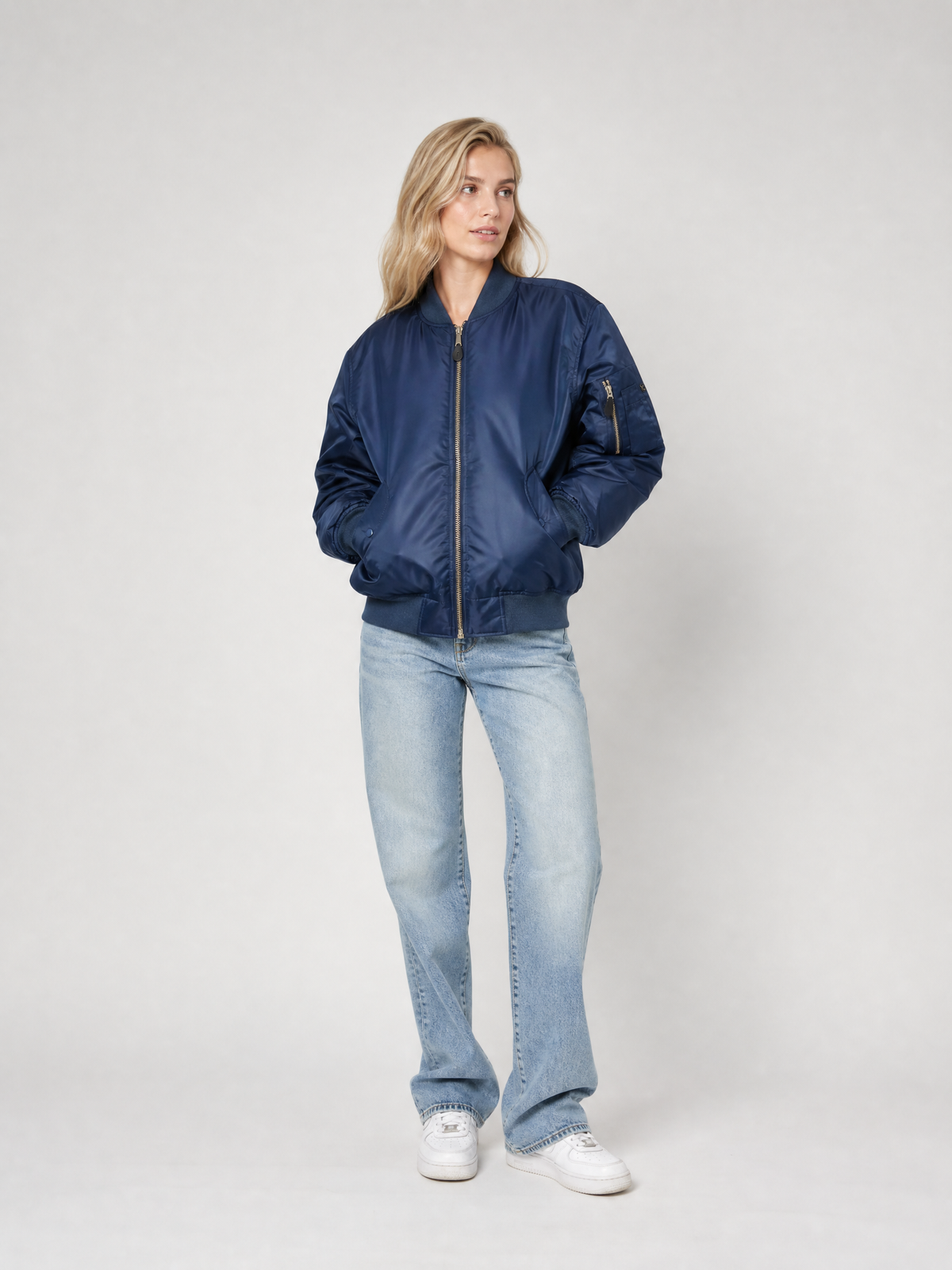 Women's Zip-Front Ribbed Bomber Jacket in Blue