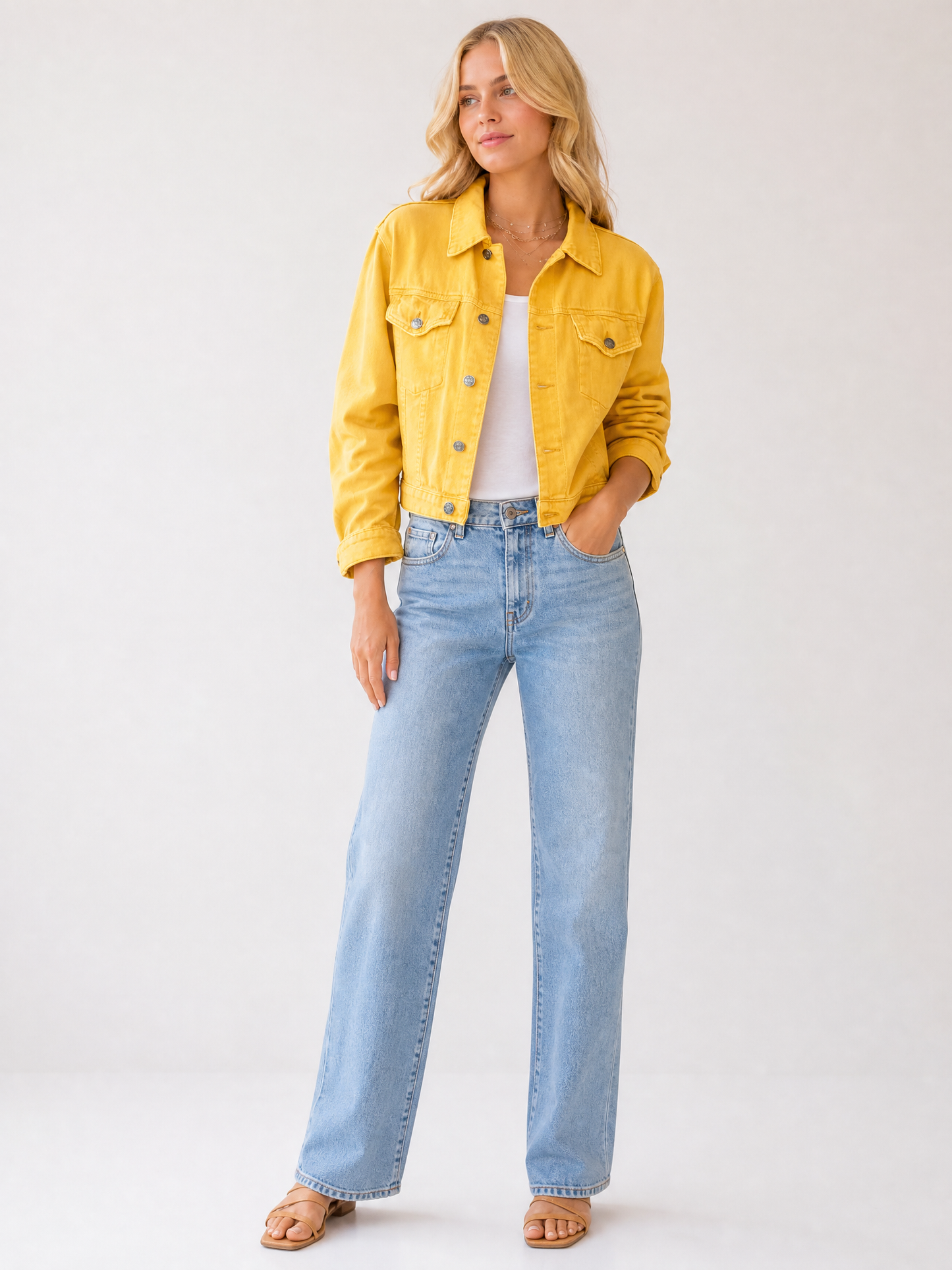 Women's Cropped Button-Front Transitional Jacket in Yellow