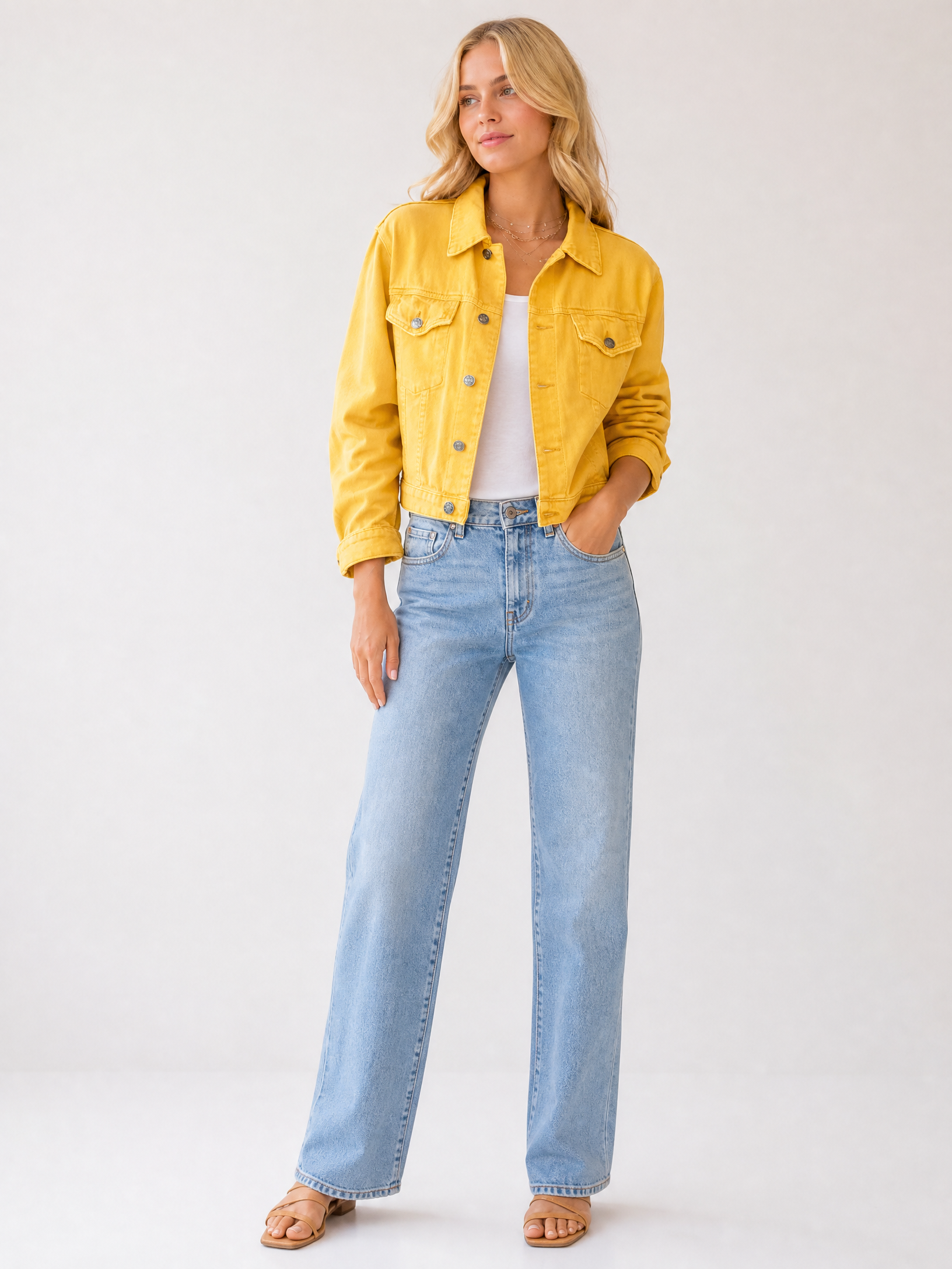 Women's Cropped Button-Front Transitional Jacket in Yellow