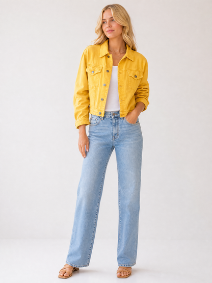 Women's Cropped Button-Front Transitional Jacket in Yellow