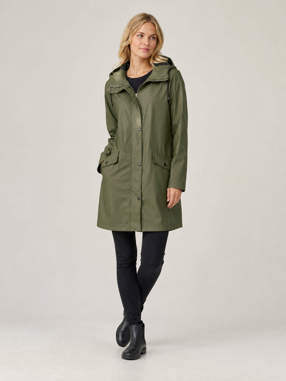 Women's Hooded Mid-Thigh Weatherproof Rain Jacket in Dark Green