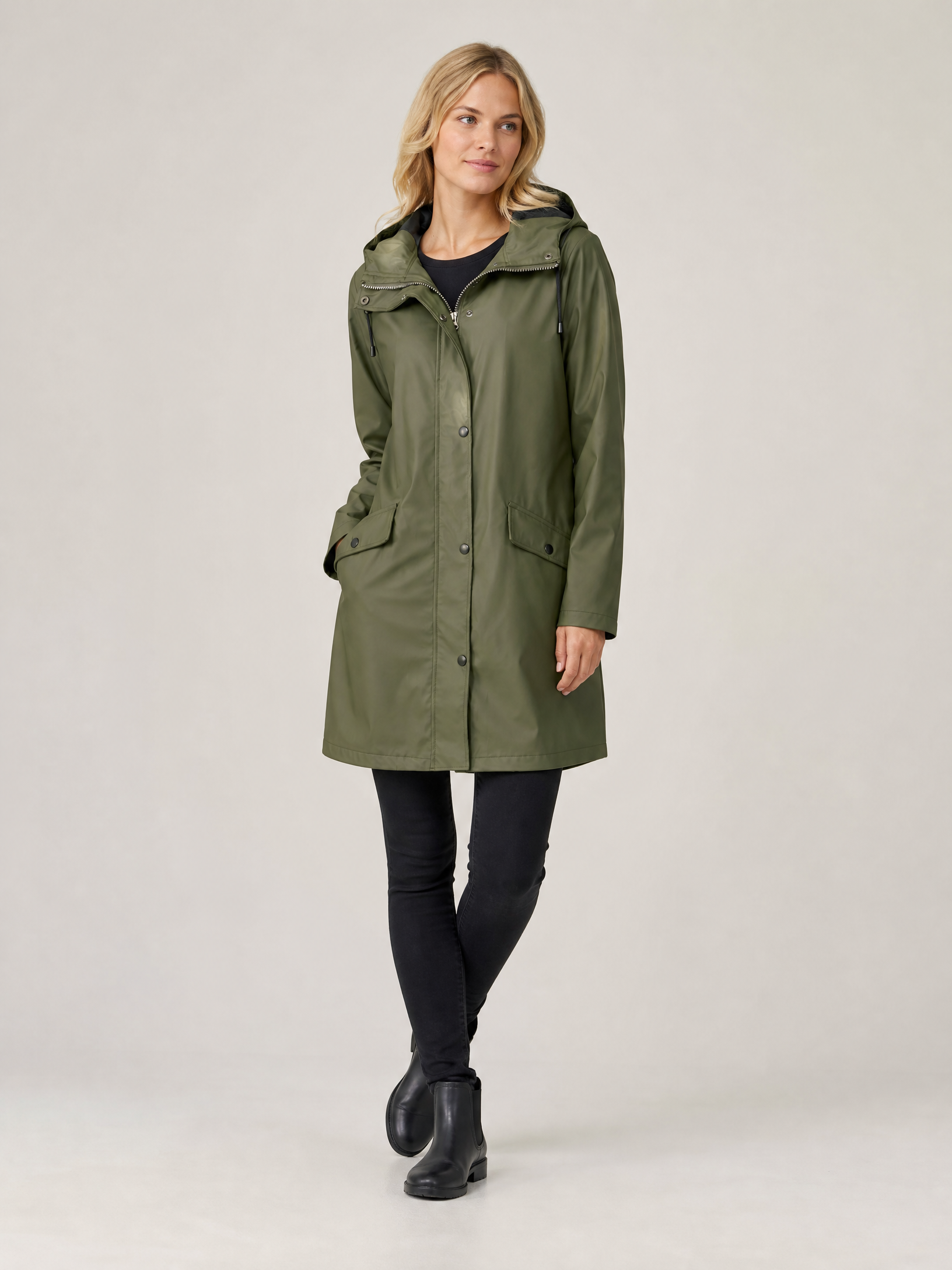 Women's Hooded Mid-Thigh Weatherproof Rain Jacket in Dark Green