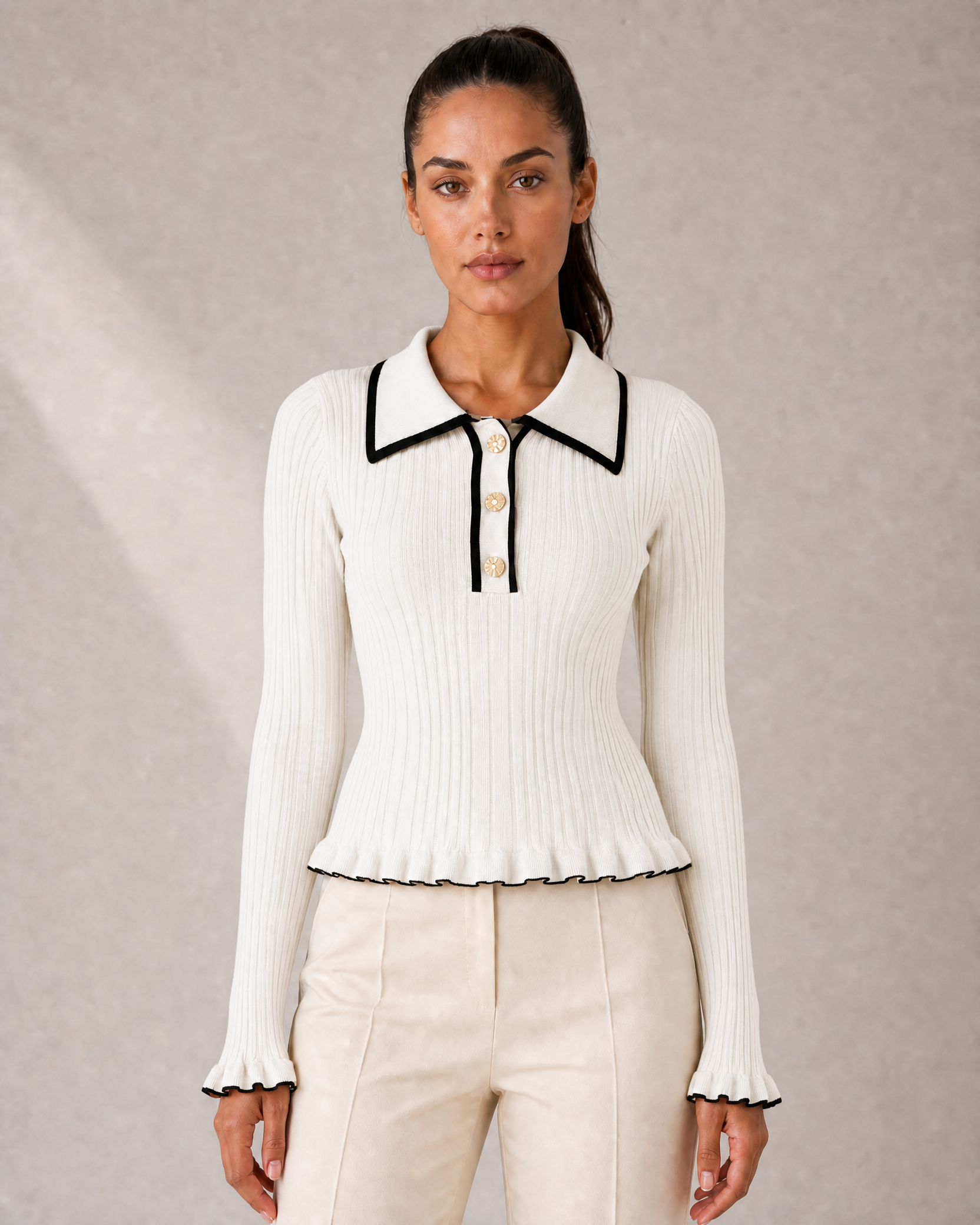 Women's Ribbed Polo Knit Top with Gold-Tone Buttons in White