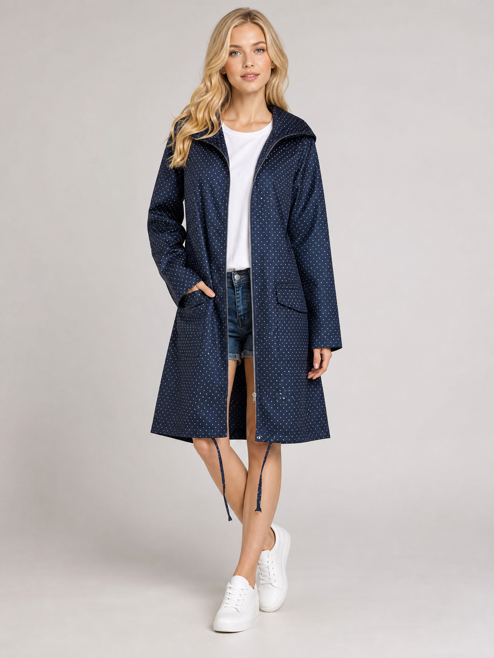 Women's Tailored Waterproof Rain Jacket in Dark Blue Polka Dots