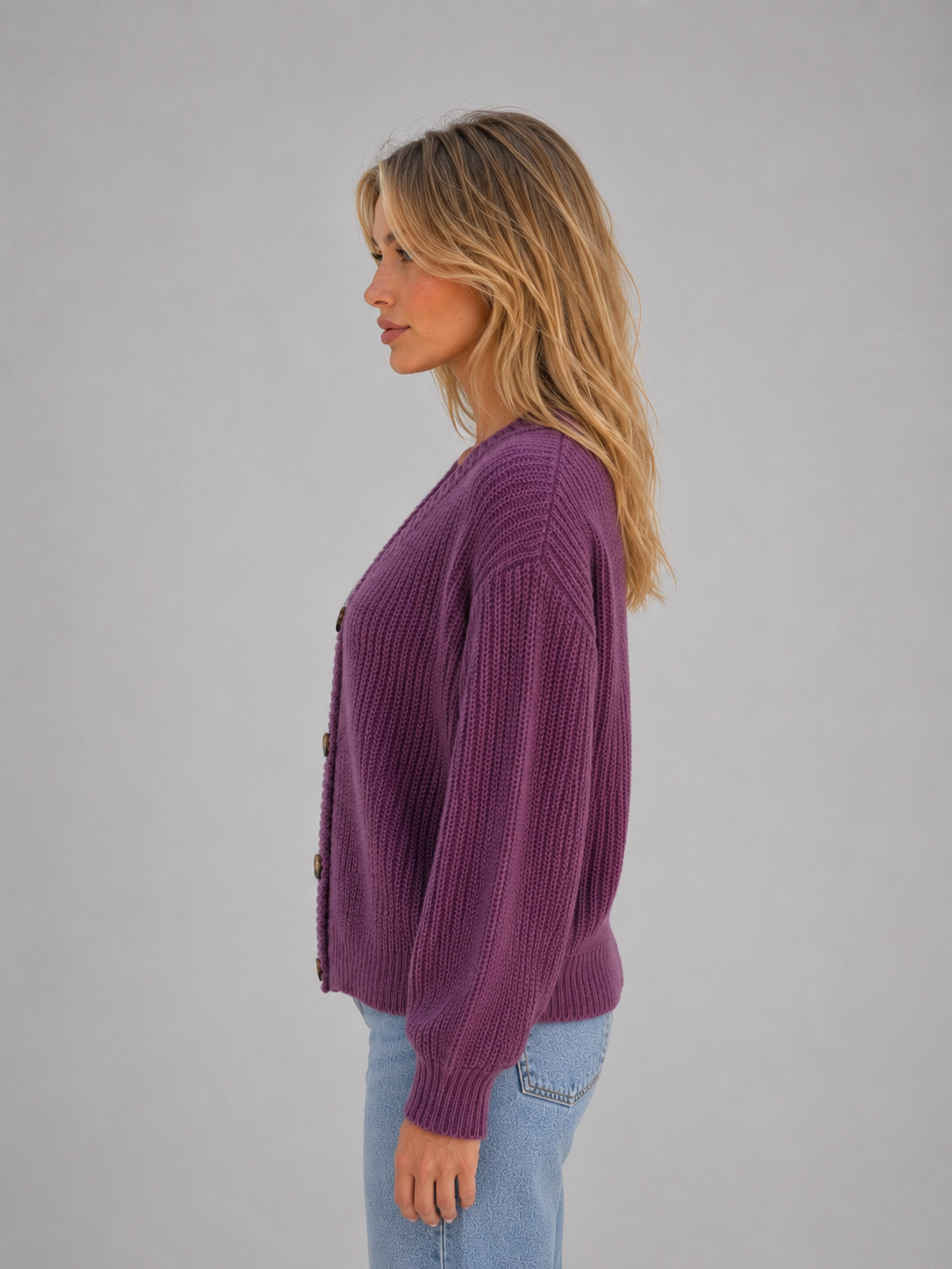 Women's Chunky Knit Cardigan Button Front V-Neck Ribbed Jumper in Purple – product image 4