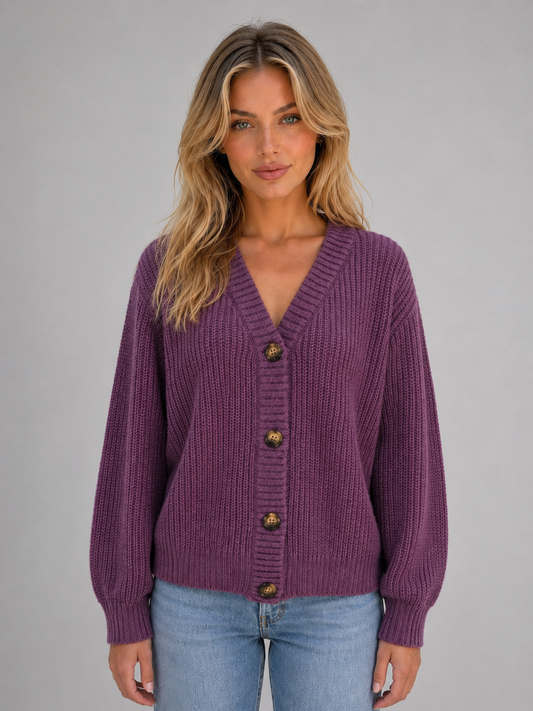 Women's Chunky Knit Cardigan Button Front V-Neck Ribbed Jumper in Purple – product image 1