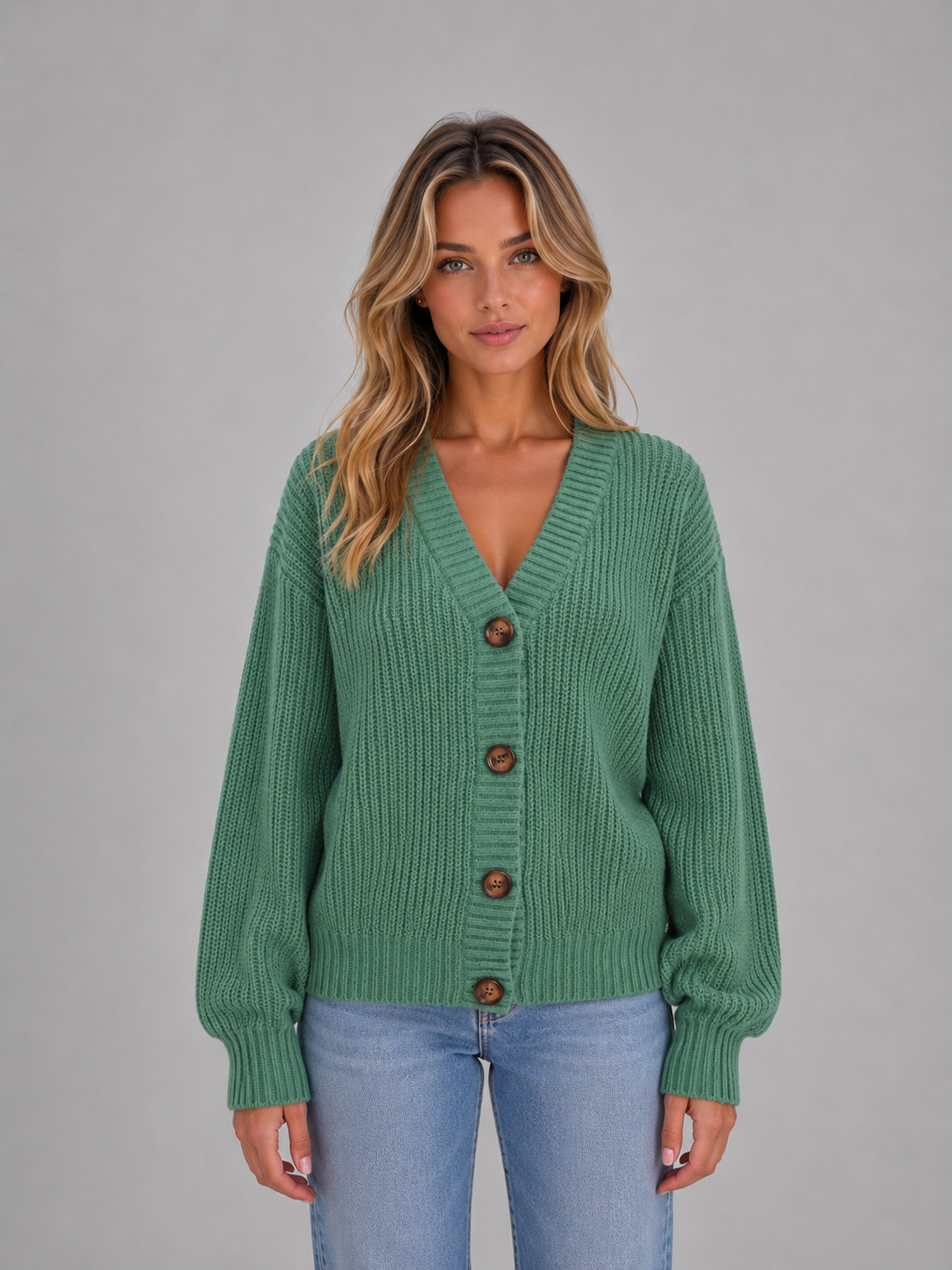 Women's Chunky Knit Cardigan Button Front V-Neck Ribbed Jumper in Camel – product image 8