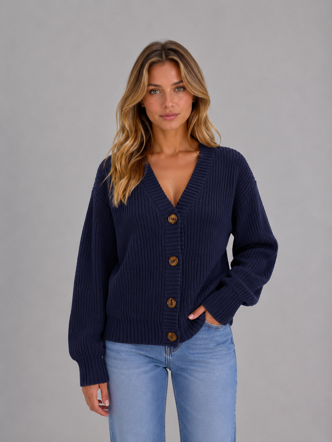 Women's Chunky Knit Cardigan Button Front V-Neck Ribbed Jumper in Black – product image 9