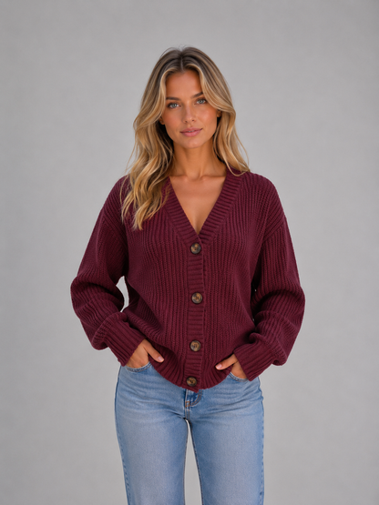 Women's Chunky Knit Cardigan Button Front V-Neck Ribbed Jumper in Black – product image 10