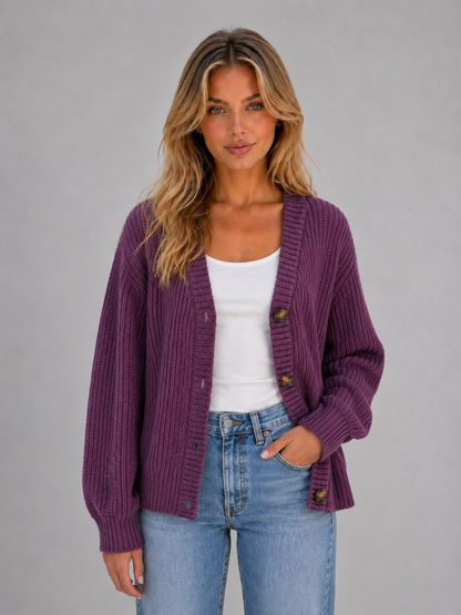 Women's Chunky Knit Cardigan Button Front V-Neck Ribbed Jumper in Purple – product image 2