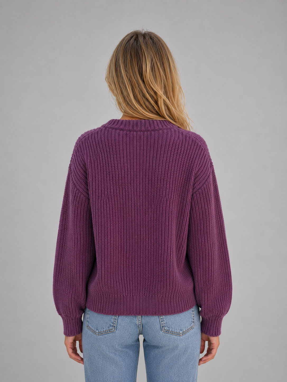 Women's Chunky Knit Cardigan Button Front V-Neck Ribbed Jumper in Purple – product image 3