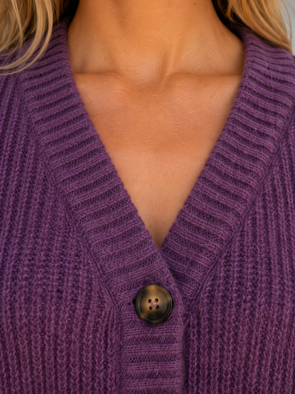 Women's Chunky Knit Cardigan Button Front V-Neck Ribbed Jumper in Camel – product image 5