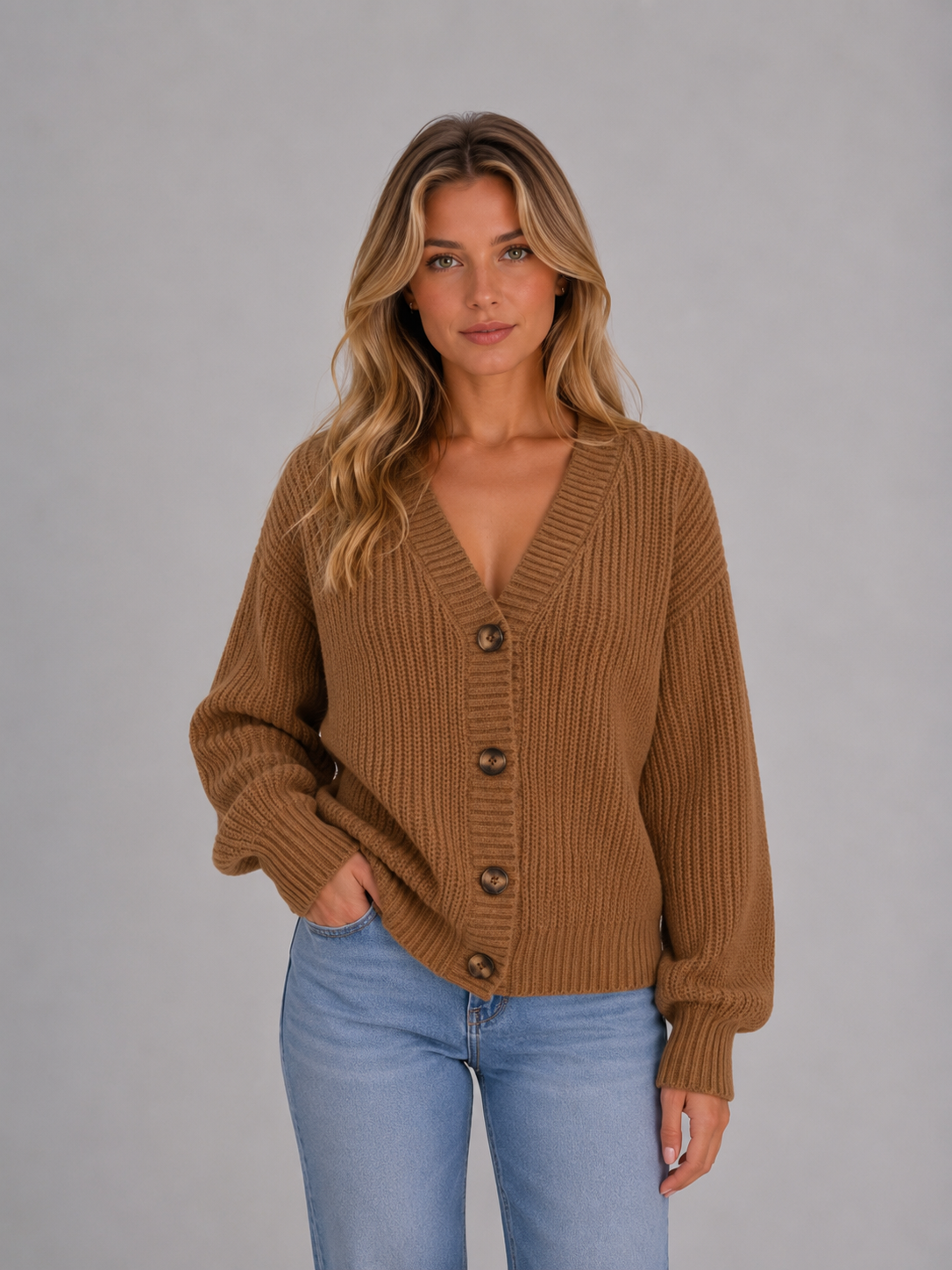 Women's Chunky Knit Cardigan Button Front V-Neck Ribbed Jumper in Camel – product image 6