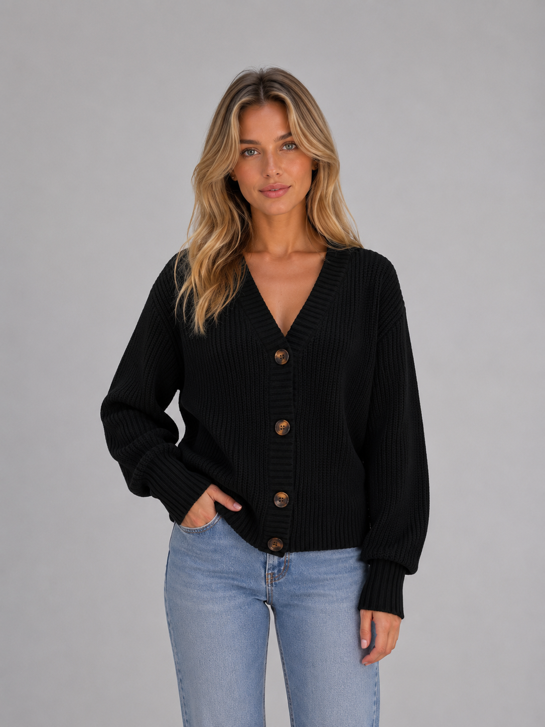 Women's Chunky Knit Cardigan Button Front V-Neck Ribbed Jumper in Camel – product image 7
