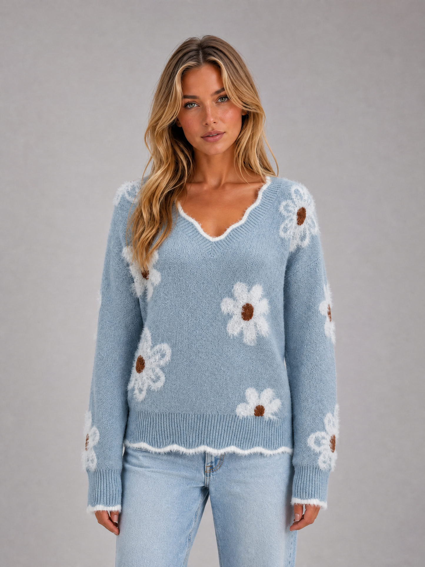 Women's Floral-Appliqué V-Neck Knit Sweater