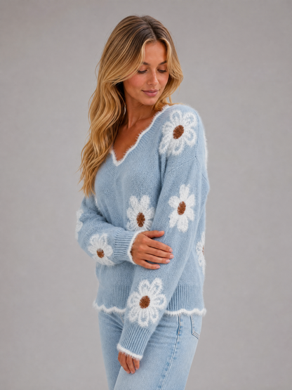Women's Floral-Appliqué V-Neck Knit Sweater