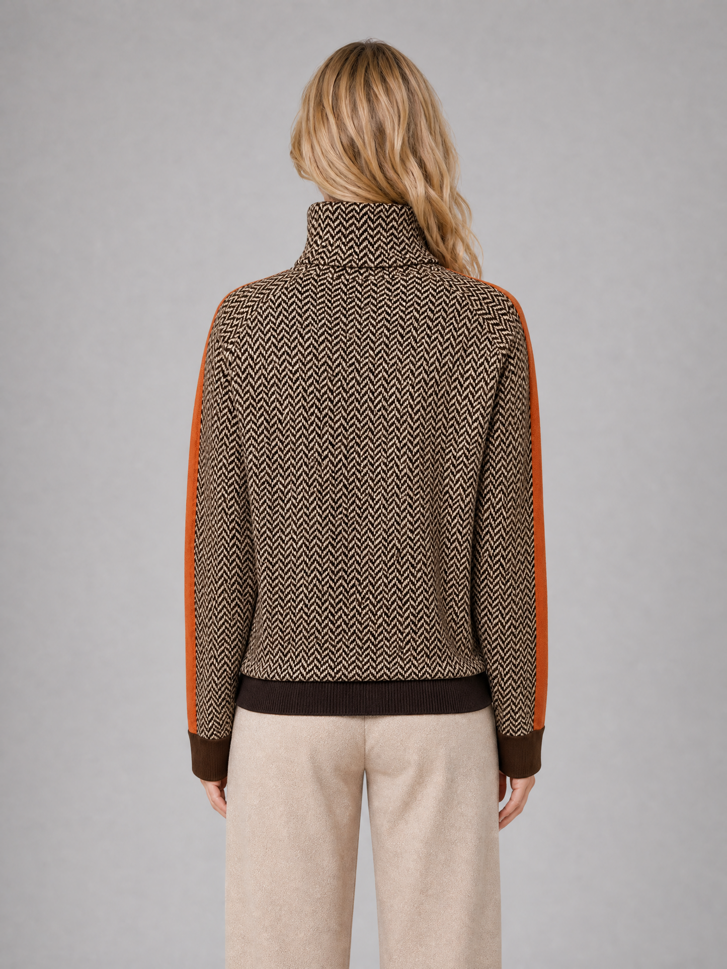 Women's Herringbone High-Neck Sweater with Sleeve Stripe