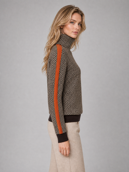 Women's Herringbone High-Neck Sweater with Sleeve Stripe