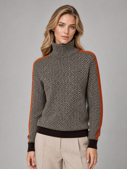 Women's Herringbone High-Neck Sweater with Sleeve Stripe
