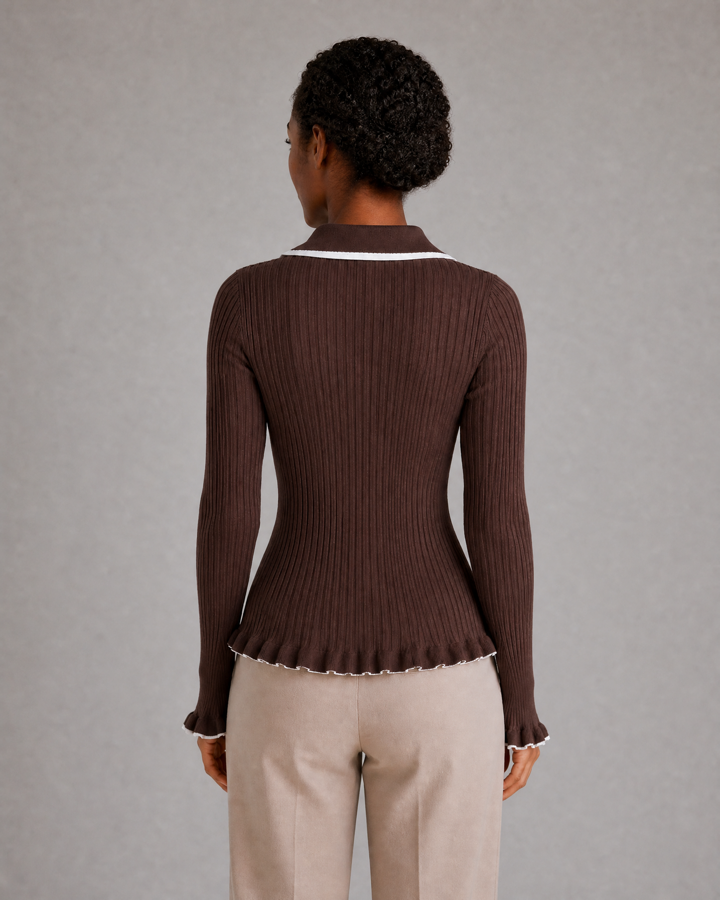 Women's Ribbed Polo Knit Top with Gold-Tone Buttons