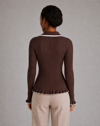 Women's Ribbed Polo Knit Top with Gold-Tone Buttons