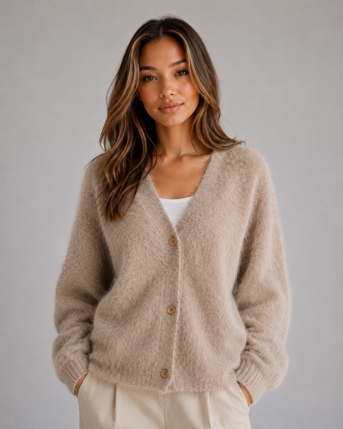 Women's Chunky Knit Cardigan Button Front V-Neck Ribbed Jumper in Khaki – product image 1