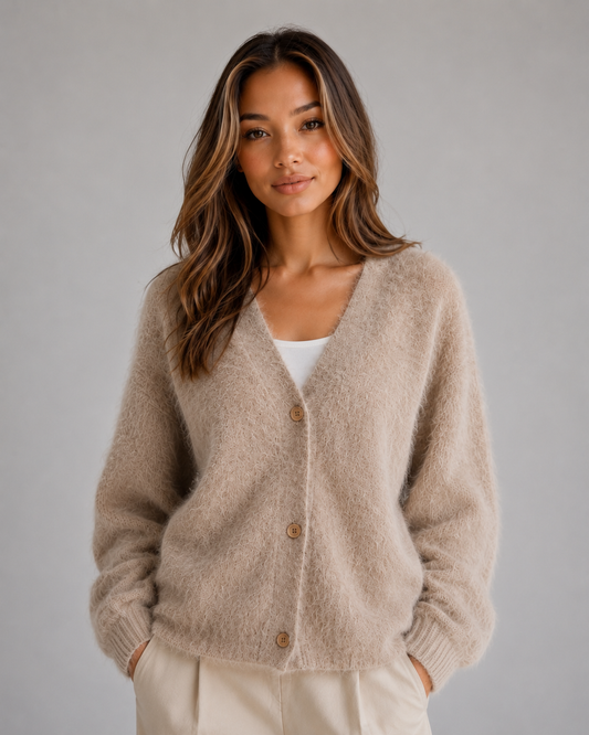 Women's Chunky Knit Cardigan Button Front V-Neck Ribbed Jumper in Khaki – product image 1