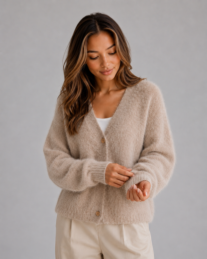 Women's Chunky Knit Cardigan Button Front V-Neck Ribbed Jumper in Light Grey – product image 3