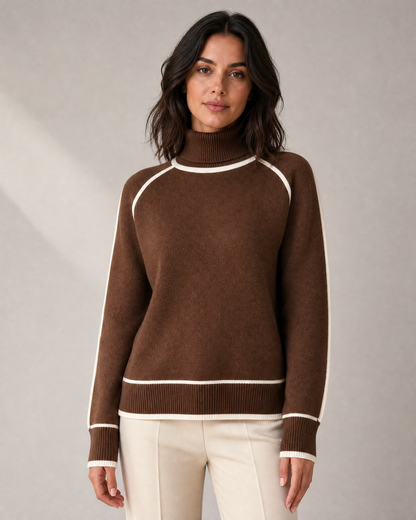 Women's Contrast-Piped Roll-Neck Knit Sweater in Brown