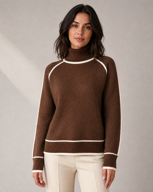 Women's Contrast-Piped Roll-Neck Knit Sweater in Brown