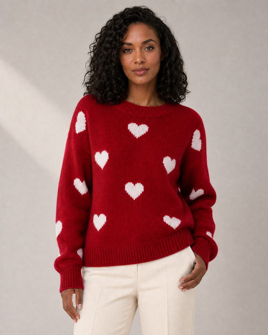 Women's Heart-Motif Crew-Neck Knit Sweater in Red