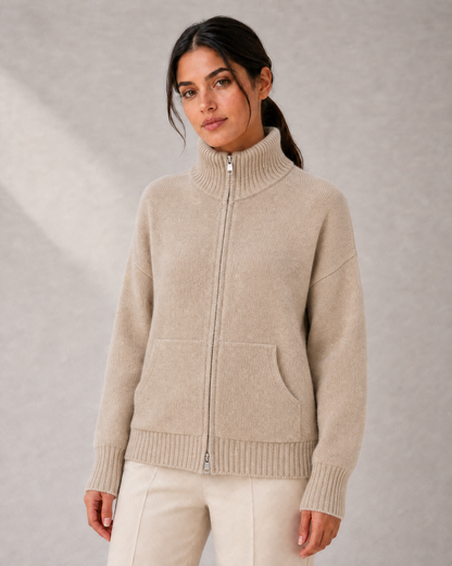Women's Funnel-Neck Zip Knit Cardigan with Pockets in Beige