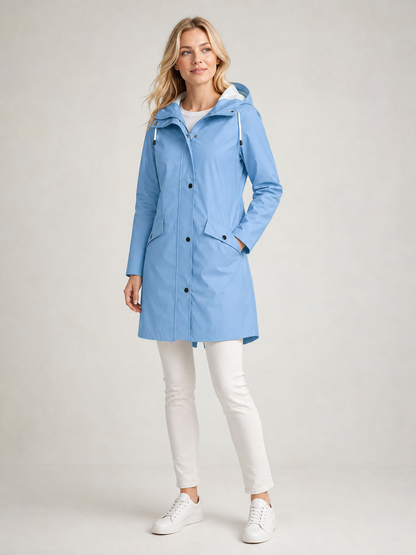 Women's Hooded Mid-Thigh Weatherproof Rain Jacket in Light Blue