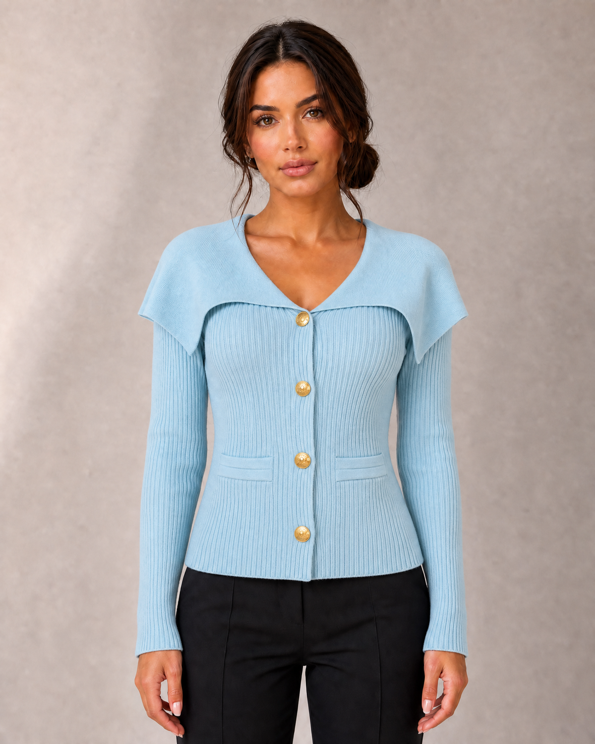 Women's Ribbed Cape-Collar Button Cardigan in Light Blue