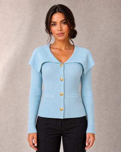 Women's Ribbed Cape-Collar Button Cardigan in Light Blue