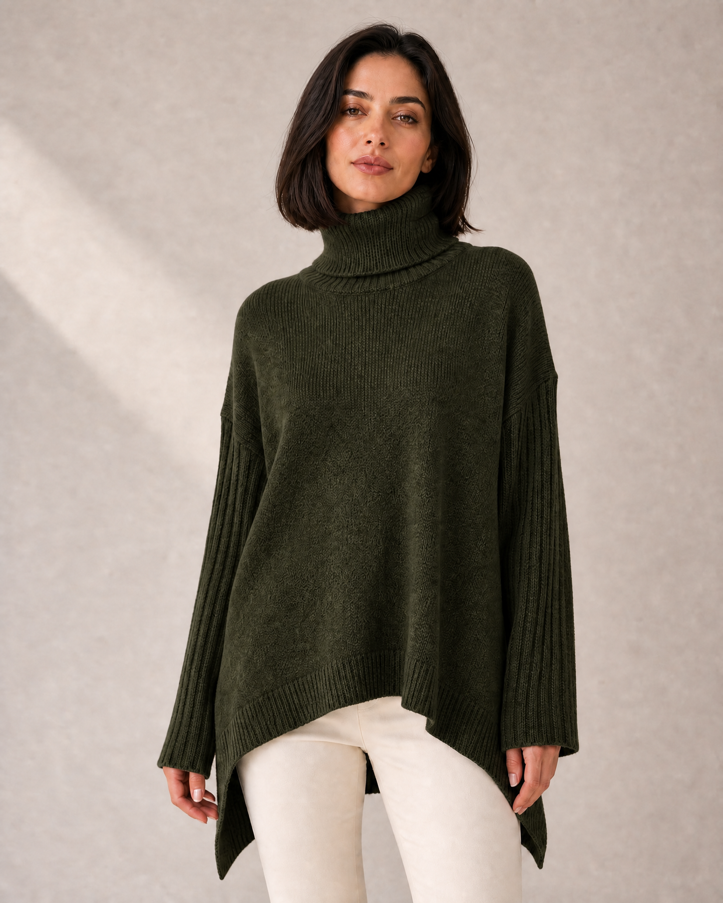 Women's High-Low Oversized Turtleneck Knit Sweater in Green